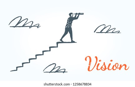 Vision. A man standing on the edge of the stairs, looking into the distance through a telescope. Vector business concept illustration, hand drawn sketch.