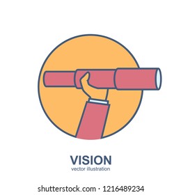 Vision Minimal Design Line Icon. Businessman Looking In Telescope Seeing Future. Vector Illustration Flat Style. Isolated On Background. Spyglass In Hand. Search Solution. Forward-looking Person
