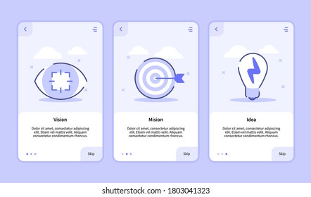 Vision mission Idea for onboarding screen mobile apps template banner page UI with three variations modern flat outline style svg