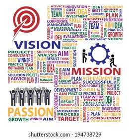 Vision mission passion presented by illustration and letter jigsaw for business concept