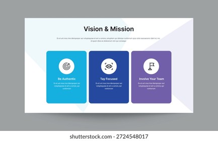 Vision and mission slide presentation template with clean and professional design. Ideal for presenting company vision, mission statements, core values, and organizational purpose in corporate, business, and professional presentations.