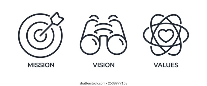 Vision, mission and values editable stroke outline icons set isolated on white background flat vector illustration. Pixel perfect. 64 x 64