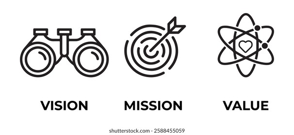 Vision, mission and values icons set isolated on white background vector illustration