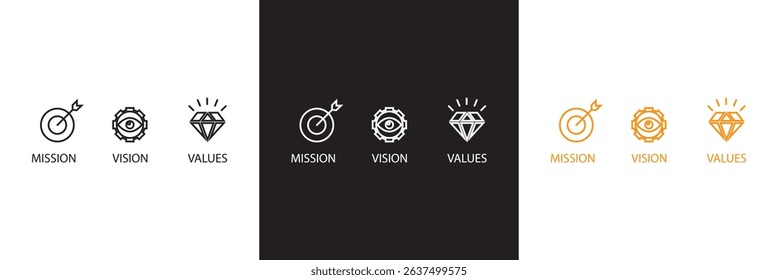 Vision, mission and values icons . Vector for websites, mobile interfaces, presentations, banner, visual branding etc. Vector illustration. isolated on white and black background. EPS 10