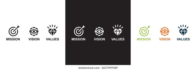 Vision, mission and values icons . Vector for websites, mobile interfaces, presentations, banner, visual branding etc. Vector illustration. isolated on white and black background. EPS 10