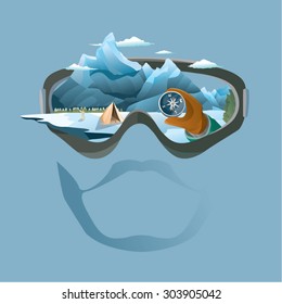 Vision of mountain climber, showing camp, mountain, snow, compass.