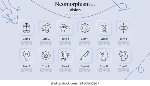 Conjunto de iconos de línea de estilo de neomorfismo de visión. Binoculares, equipo, cabeza con ojo, faro, bombilla, ojo con flechas, cabeza con faro, telescopio, idea. Visión y previsión, concepto de innovación