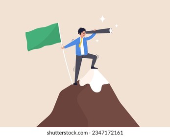 Vision or new challenge concept. Victory or business achievement, triumph winner or champion searching for next mission goal or target, success businessman on mountain peak look for new challenge.