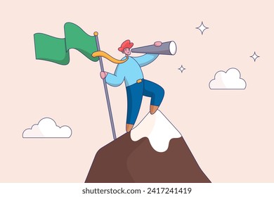 Vision or new challenge concept. Victory or business achievement, triumph winner or champion searching for next mission goal or target, success businessman on mountain peak look for new challenge.