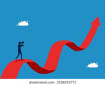 Visión sobre la volatilidad. Hombre de negocios mirando el telescopio en el gráfico de crecimiento e incertidumbre