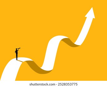 Visión sobre la volatilidad. Hombre de negocios mirando el telescopio en el gráfico de crecimiento e incertidumbre