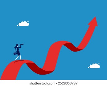 Visión sobre la volatilidad. Empresaria mirando el telescopio en el gráfico de crecimiento e incertidumbre