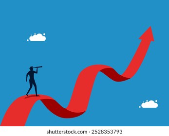 Visión sobre la volatilidad. Hombre mirando el telescopio en el gráfico de crecimiento e incertidumbre