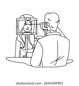 visão oftalmologistas exame ocular vetor. exame do paciente, visão de optometria, assistência médica visão oftalmologistas exame ocular personagem. pessoas linha preta lápis desenho ilustração