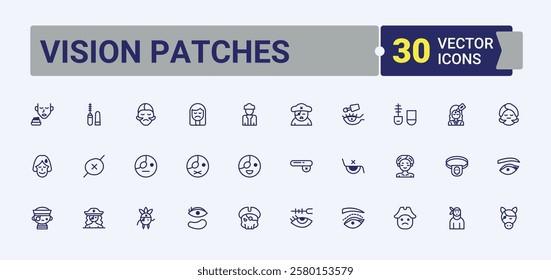 Vision Patches icon set. Contains related to hydrogel, beauty, after, eye, package, health, age, supplies. Outline icon. Outline and solid pictogram.