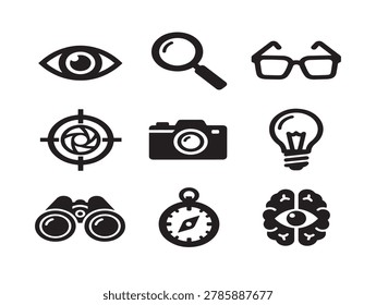 Vision and Perception Icons Set with Eye, Magnifying Glass, Glasses, Target, Camera, Light Bulb, Binoculars, Compass, Brain