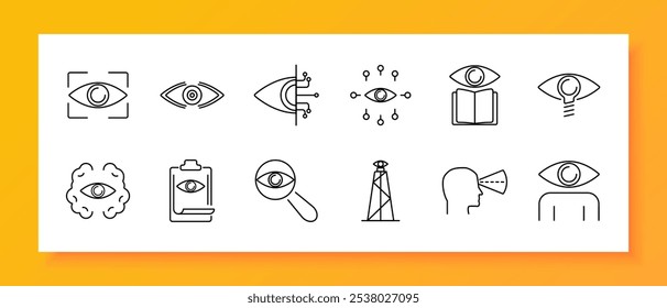 Icono de conjunto de visión y percepción. Enfocado, digital, integración tecnológica, ojo neuronal, red observacional, ojo en libro, ojo con idea, visualización de la mente, ojo de informe