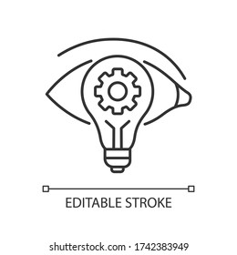 Vision pixel perfect linear icon. Find new strategy. See fresh smart solution. Business project. Thin line customizable illustration. Contour symbol. Vector isolated outline drawing. Editable stroke