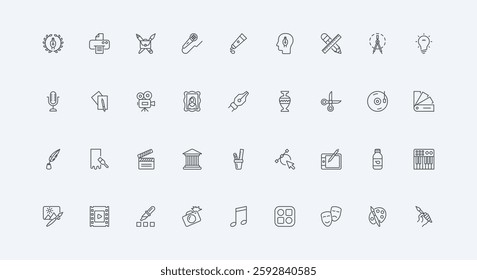 Vision and portfolio, imagination and software of designer thin black outline symbols vector illustration. Digital art project, graphic design and music, artwork and tools line icon set