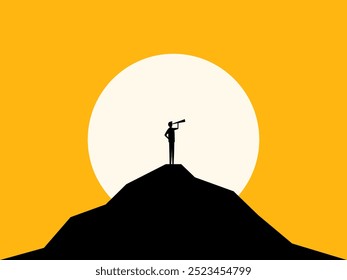 Vision, predict the future. Man looking at telescope on top of a high mountain