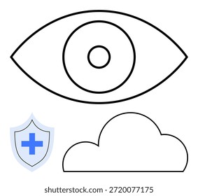 Visión, protección de la privacidad, almacenamiento en la nube, seguridad de datos, atención médica, monitoreo en línea. Contorno negro de un ojo, nube y escudo con cruz en el interior. Conceptos de visión y protección de la privacidad