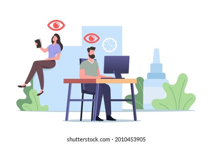 Vision Problems Medical Concept. Office Worker Characters Suffering of DES, Dry Eyes Syndrome and Conjunctivitis Disease while Working on Computer or Use Smartphone. Cartoon People Vector Illustration