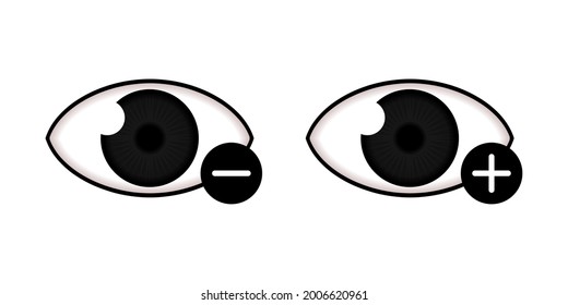 Vision problems. Nearsighted and farsighted design symbol. Hyperopia and myopia. Human eye with plus and minus icon. Illustration vector
