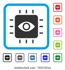 Vision Processor icon. Flat gray pictogram symbol inside a light blue rounded frame. Black, gray, green, blue, red, orange color additional versions of Vision Processor vector.