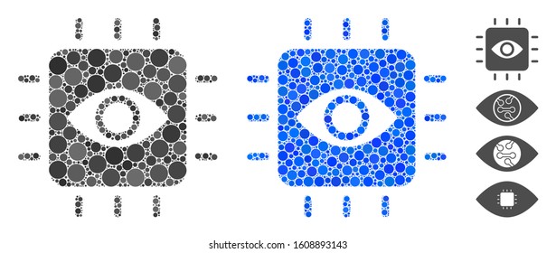 Vision processor mosaic of filled circles in different sizes and color tinges, based on vision processor icon. Vector filled circles are composed into blue collage.