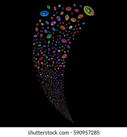 Vision random fireworks stream. Vector illustration style is flat bright multicolored iconic symbols on a black background. Object fountain made from scattered pictographs.