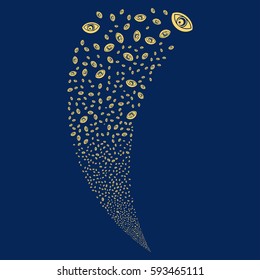 Vision random fireworks stream. Vector illustration style is flat yellow iconic symbols on a blue background. Object fountain made from scattered design elements.