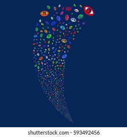 Vision random fireworks stream. Vector illustration style is flat bright multicolored iconic symbols on a blue background. Object fountain created from scattered icons.