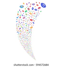 Vision random fireworks stream. Vector illustration style is flat bright multicolored iconic symbols on a white background. Object fountain combined from scattered symbols.