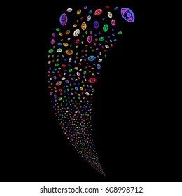 Vision random fireworks stream. Vector illustration style is flat bright multicolored iconic symbols on a black background. Object fountain done from scattered pictograms.