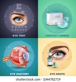 Vision realistic design concept with medical test, eye anatomy, contact lenses and drops, isolated vector illustration  