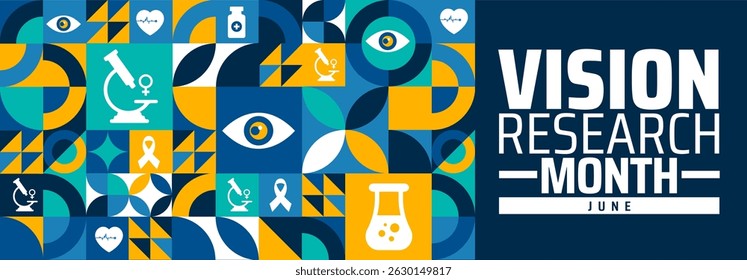 Vision Research Month Geometric shape pattern background banner or poster design template. observed every year in June. Holiday concept. Use to any Template, card, poster, placard, template.