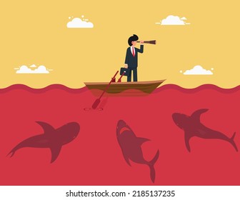 Vision and risk, Boat Being Stalked By Shark. Businessman standing on a boat looking for opportunities through binoculars