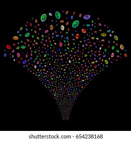 Vision salute stream. Vector illustration style is flat bright multicolored iconic symbols on a black background. Object source fountain constructed from random icons.