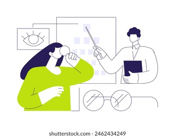 Vision screening abstract concept vector illustration. Woman at the reception at the professional ophthalmologist, medicine sector, eye exam, make a diagnosis, vision screening abstract metaphor.