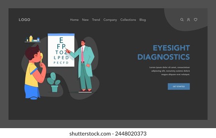 In: Vision Screening in Action. Der kleine Junge konzentriert sich während des Sehtests, wobei der Augenoptiker auf die Snellen-Karte in einer gut ausgestatteten Klinik zeigt. Das Wohlbefinden der Kinder im Zaum halten. Vektorillustration