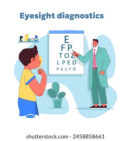 In: Vision Screening in Action. Der kleine Junge konzentriert sich während des Sehtests, wobei der Augenoptiker auf die Snellen-Karte in einer gut ausgestatteten Klinik zeigt. Das Wohlbefinden der Kinder im Zaum halten. Vektorillustration