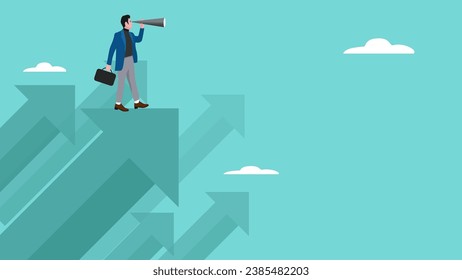 Vision to see business direction with a businessman who uses a telescope while riding a paper plane to see the next business strategy, strategy to success or business objective, career path concept