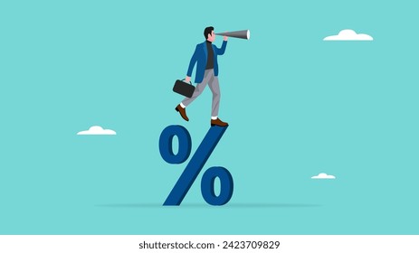 Vision to see business direction with a businessman who uses a telescope while standing on percent symbol to see the next business strategy concept design, strategy to success or business objective
