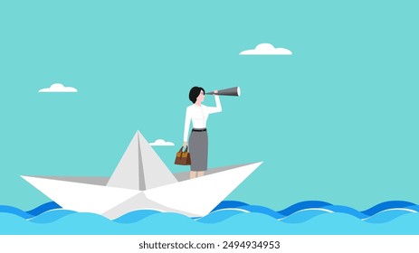 vision to see business direction with a businesswoman who uses a telescope to see the next business strategy while riding a paper boat, find new business strategy or business objective or opportunity