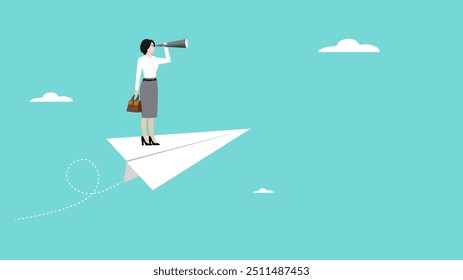 Vision to see business direction with a businesswoman who uses a telescope while riding a paper plane to see the next business strategy concept design, strategy to success or business objective