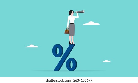 Visão para ver a direção dos negócios com uma empresária que usa um telescópio e, ao mesmo tempo, fica no símbolo de porcentagem para ver o próximo projeto de conceito de estratégia de negócios