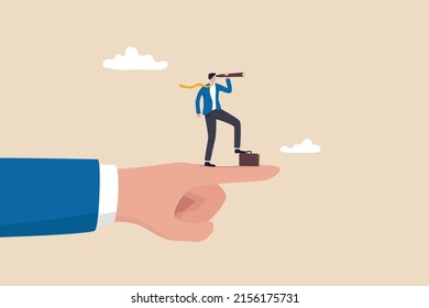 Vision to see business direction, economic forecast or future, strategy to success or business objective, career path concept, businessman on giant pointing finger with telescope to see vision.