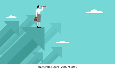 Vision to see business direction, strategy to success or business objective, business opportunities, businesswoman uses a telescope to see the next business strategy standing on financial growth graph