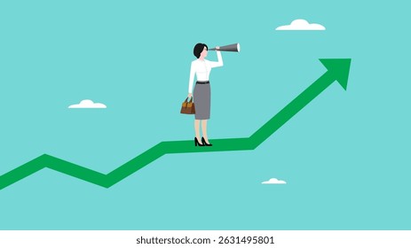 visão para ver oportunidades de negócios ou bom investimento, estratégia para alcançar o objetivo de negócios, empresária que usa um telescópio ao subir um gráfico de crescimento para ver a próxima estratégia de negócios