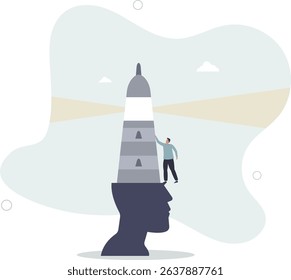 Vision to see direction, enlightenment or wisdom to discover new knowledge, solution or insight, guidance or searching concept. character life .